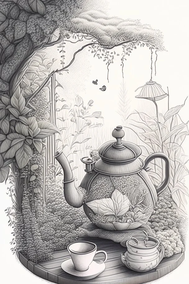 Cozy vibes drawing art tea pot, garden inside tea pot