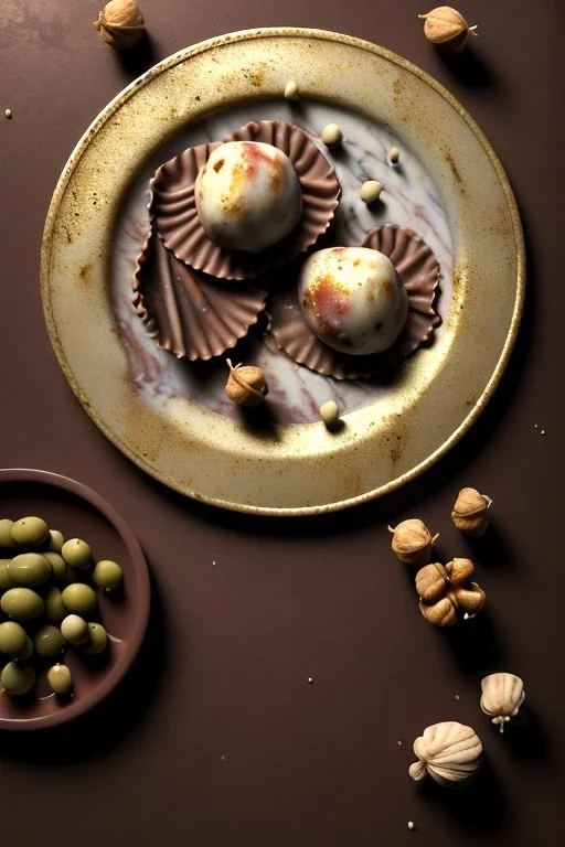 Ravioli, renaissance style still life Of Ravioli dish with natural chocolate and hazelnuts, olive oil. moisture, art, natural, ornaments, marble, gold, high kitchen, smooth, gradient color background, unreal engine 5, ray tracing, RTX, lumen lighting, ultra detail, volumetric lighting, 3d.