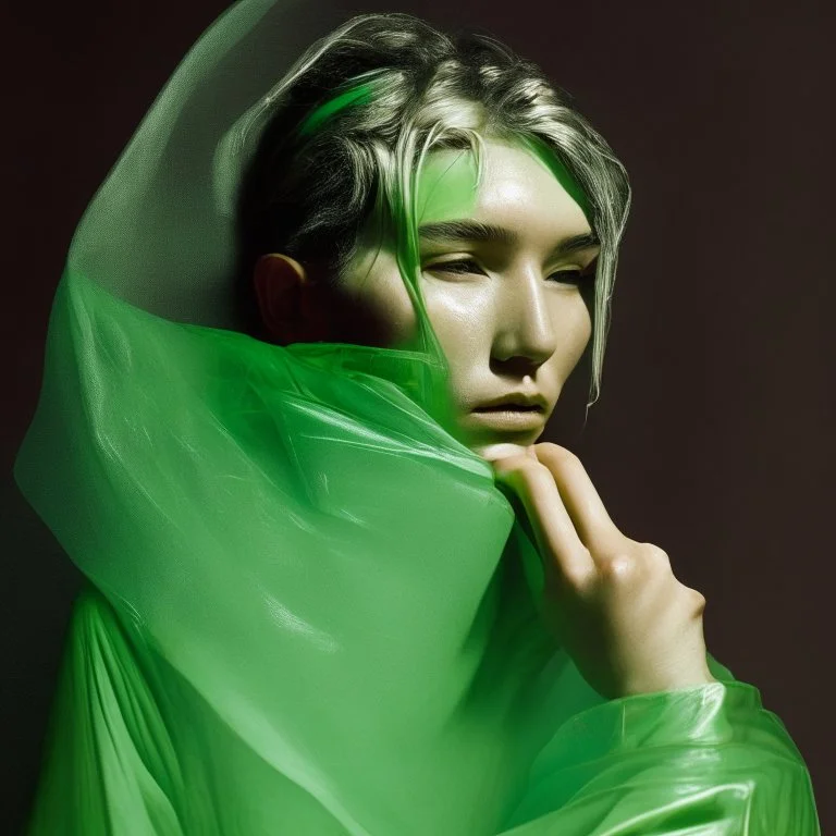 wearing a green translucent cloth