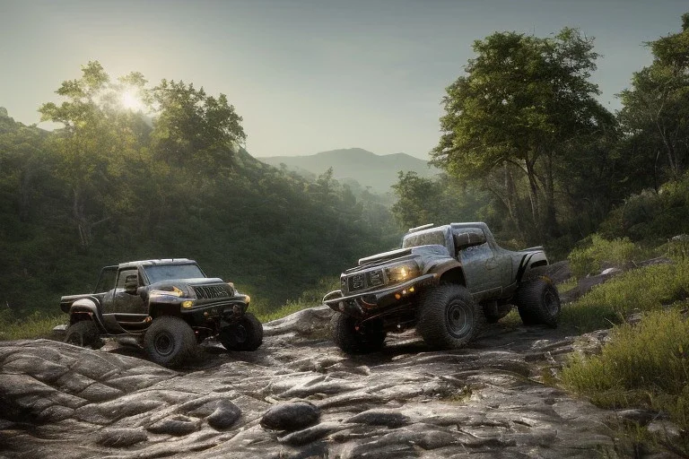 redshift style, photorealistic macro shot, black toy RC off-road trucks climbing a very steep huge boulder, earth color palette, sunset, sharp focus, puddle reflection, refraction, god rays, very rocky terrain, very huge boulders, boulders, detailed and intricate, intense cinematic composition