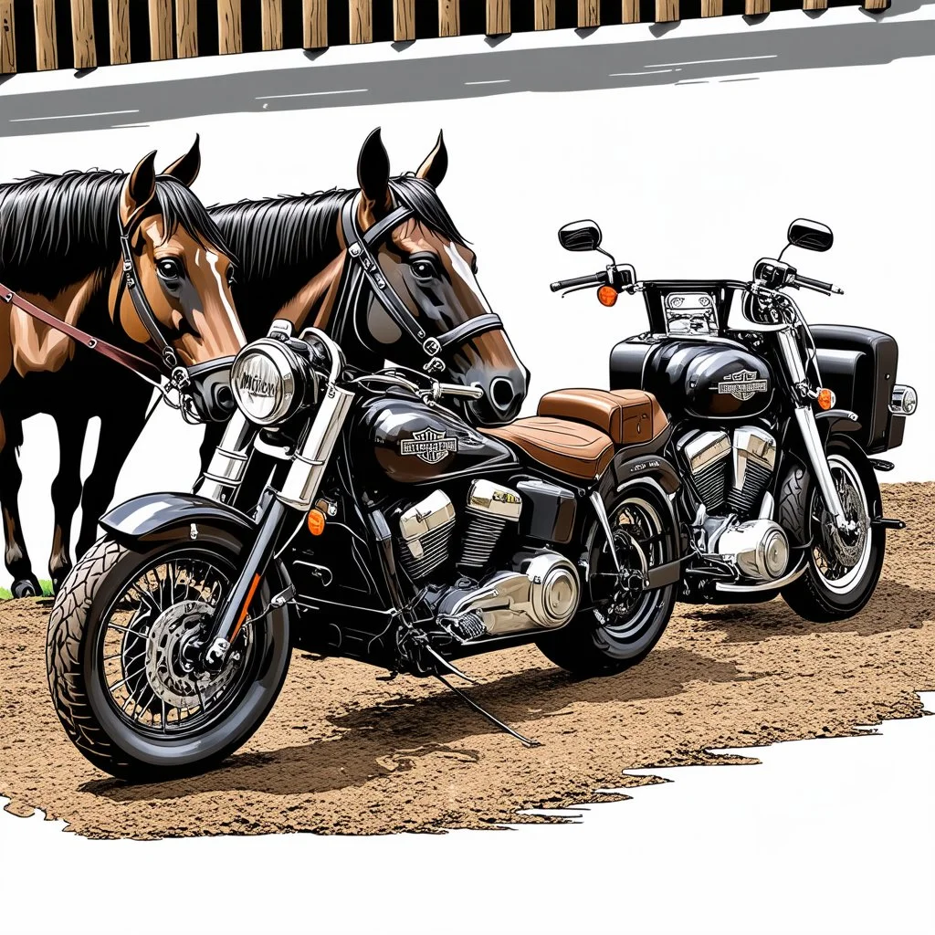a new harley davidson pan america 1250 motorcycle, next to a new Indian Springfield Dark Horse bagger motorcycle. next to a horse who's facing away and tied by the reins to a wood railing. white background. dirt ground. silkscreen style image
