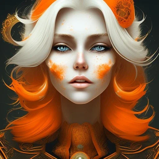 fantasy setting, woman, orange and white hair, wavy hair, freckles, ranger, more orange hair, more white hair