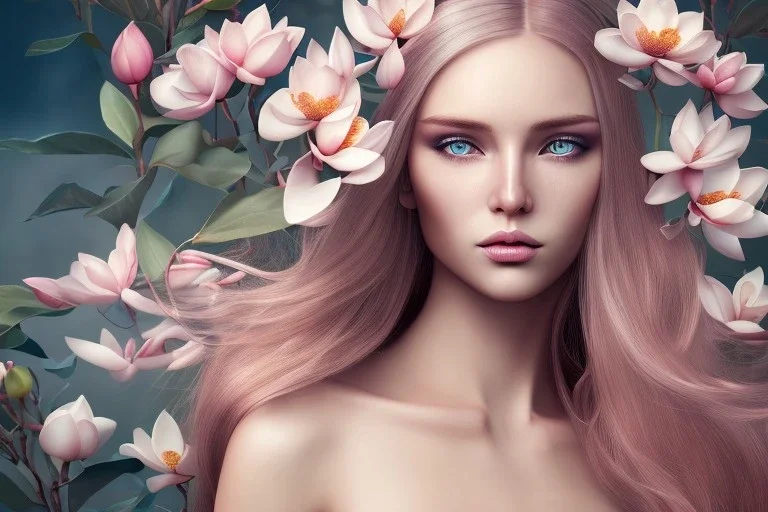 femme long cheveux blond yeux bleus , 8k resolution, flower magnolia lotus rose, beautiful portrait, 8k resolution, flower head and body, beautiful