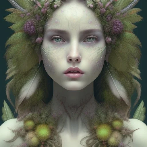 Portrait of beautiful girl, plant, metal, feathers, Dryad, fae, sidhe, ominous, nature, plants, wildflower, facepaint, dnd character portrait, intricate, oil on canvas, masterpiece, expert, insanely detailed, 4k resolution, retroanime style, cute big circular reflective eyes, cinematic smooth, intricate detail , soft smooth lighting, soft pastel colors, painted Renaissance style,bokeh,macro lens, 800mm lens