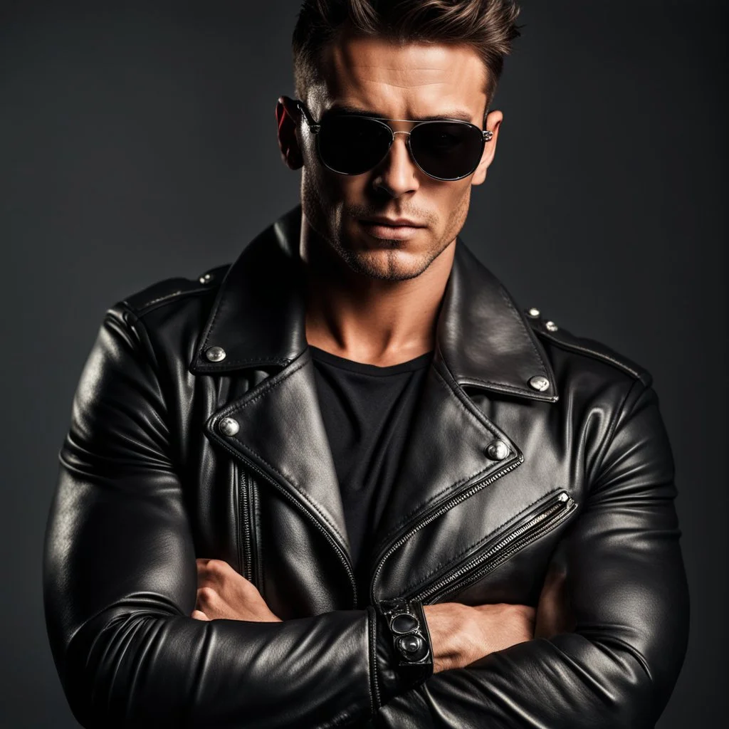 Handsome and muscular Biker wearing a leather jacket and dark sunglasses standing with his arms folded