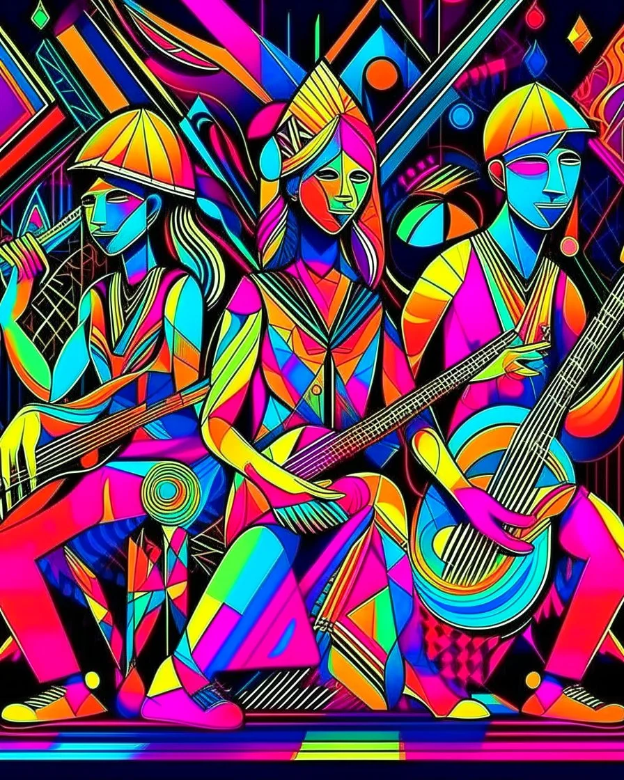 psychedelic musicians with geometrical patterns and neon colors