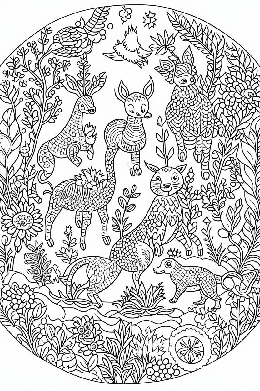 A cute Zen garden with adorable animals amidst floral patterns, Coloring page for kids, cartoon style, thick outline, low details, no shading, no color