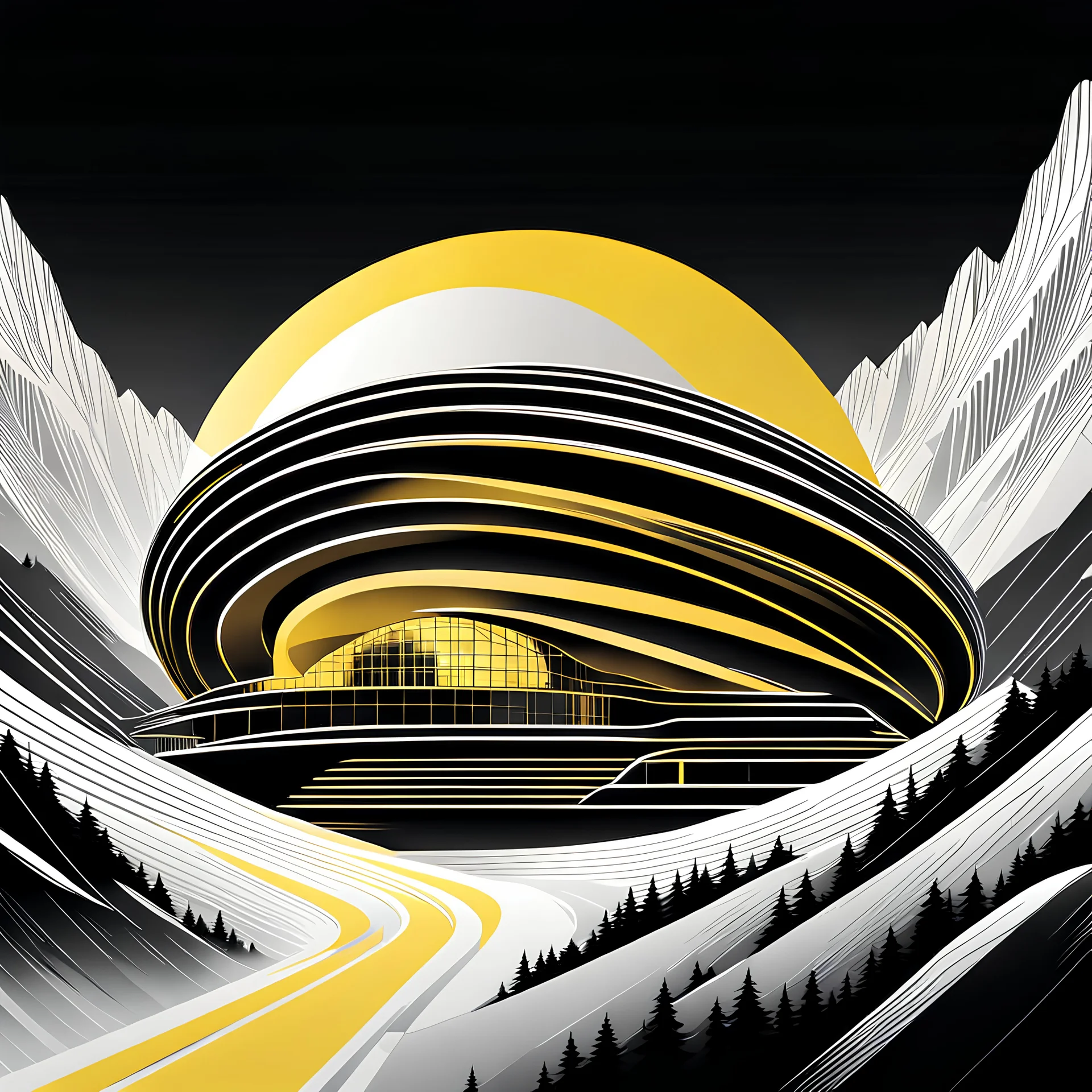 Ilustración minimalista de una edificio estilo Zaha Hadid forma ovalada en las montañas arte nouveau neón lineal color negro blanco y amarillo calidad ultra fondo ciudad