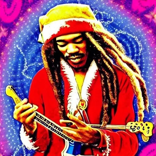 hippie JIMI HENDRIX Santa playing electric guitar, psychedelic, peace sign, MUSHROOMS, TRIPPY, ACID, LSD, dreadlocks