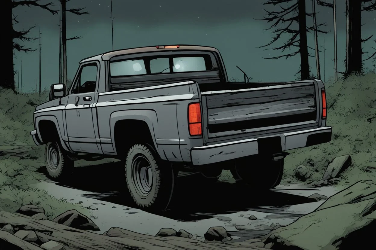 pickup truck, rear, forest, comic book,post-apocalypse, gray background, night time,