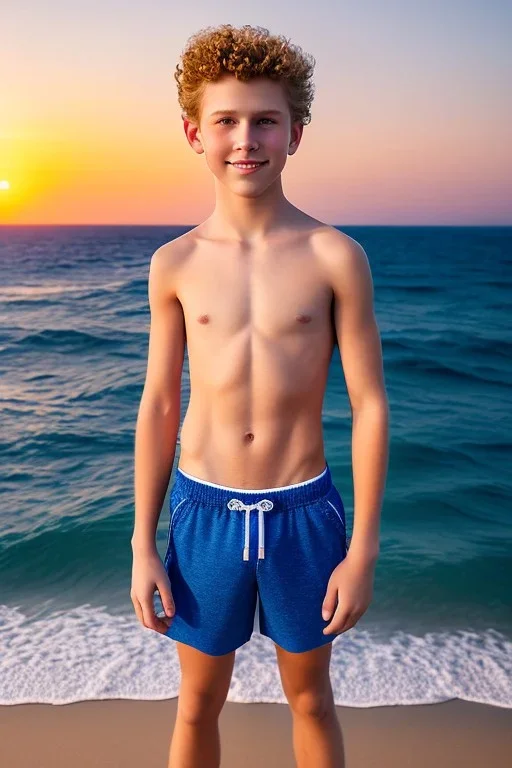 full body image of a beautiful 12 year old boy with shoulder long, blonde curly hair and light blue eyes, smiling, shirtless, in front of an distant beach, sunset, photorealistic