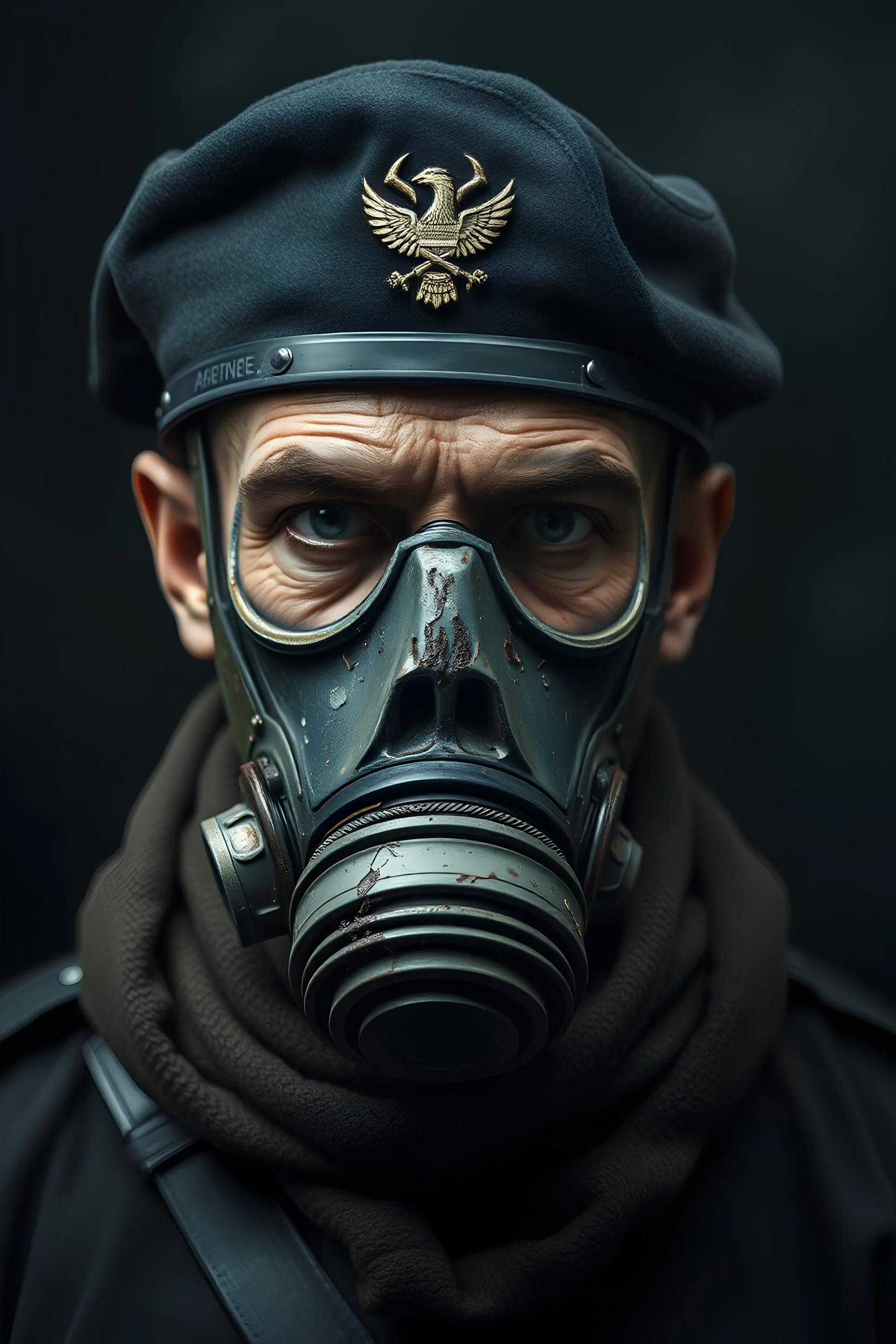 Mutant military officer of German origin with damaged skin and body, about 30 years old with a black beret, a scarf falling from the shoulders and an apocalyptic gasmask hiding his whole face, he looks like he mutated into a hybride. all on a dark background