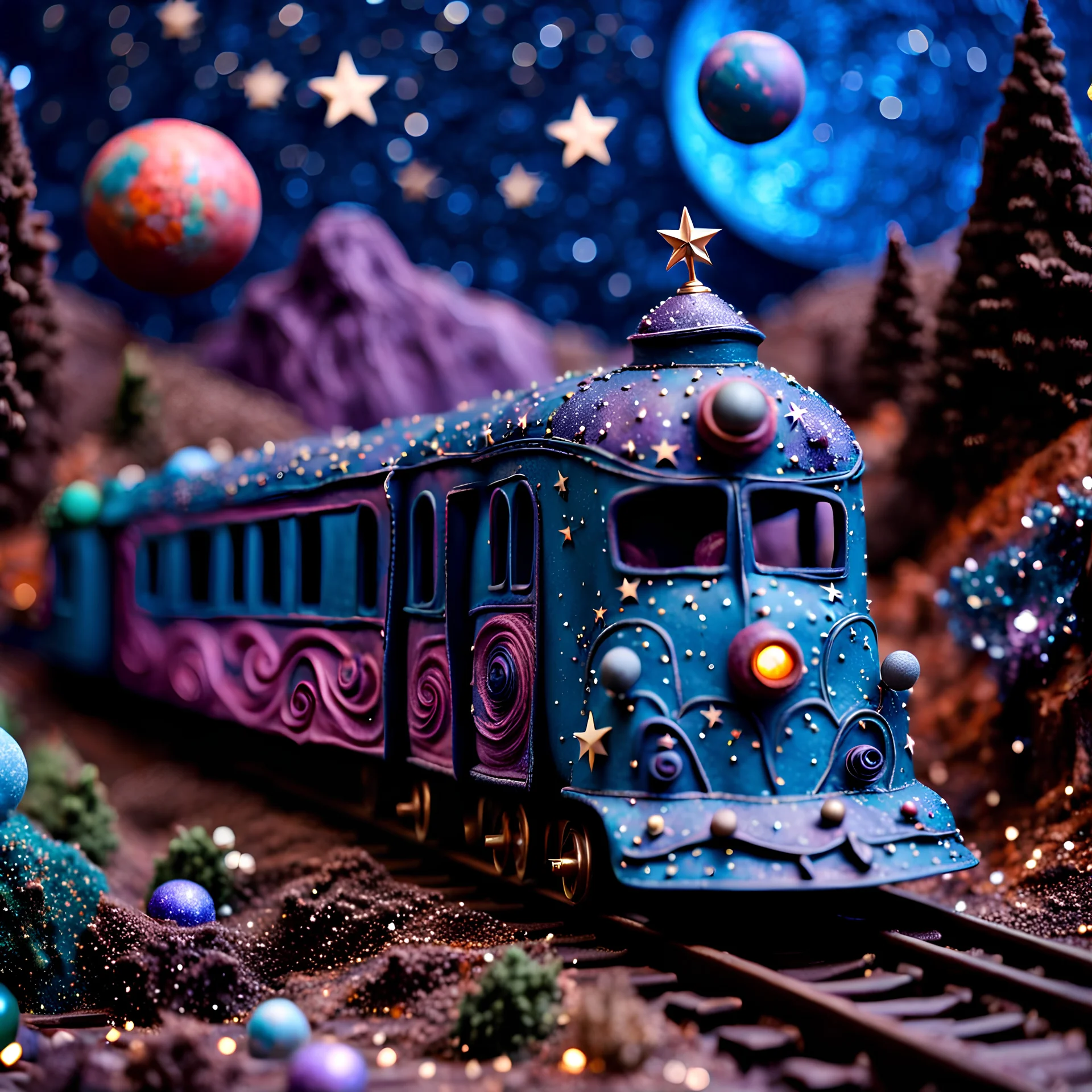 Detailed train, landscape made of modeling clay, train, stars and planets, Tim Burton, strong texture, extreme detail, Max Ernst, decal, rich moody colors, sparkles, bokeh, odd