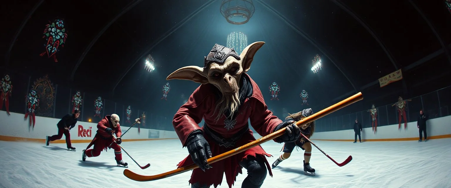 pin hole cam, master oil painting by Rembrandt, d&d glam rock and glitter vampire gremlin illithid and lich playing hockey in ice skating hall or church