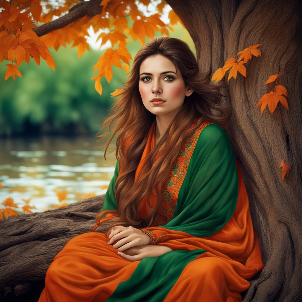 Hyper Realistic Photographic-View of a Beautiful Young Pashto Woman with beautiful eyes & beautiful brown hair wearing Brown Dress with orange embroidery & dark-green-shawl sitting under a thick dense old tree with leaved falling riverside at beautiful day showing dramatic & cinematic ambiance.