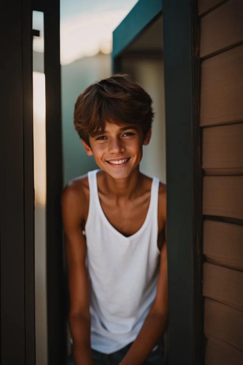 15 year old young boy with lightly tanned skin and brown hair wearing a teeshirt, standing by a door, smiling, 4k