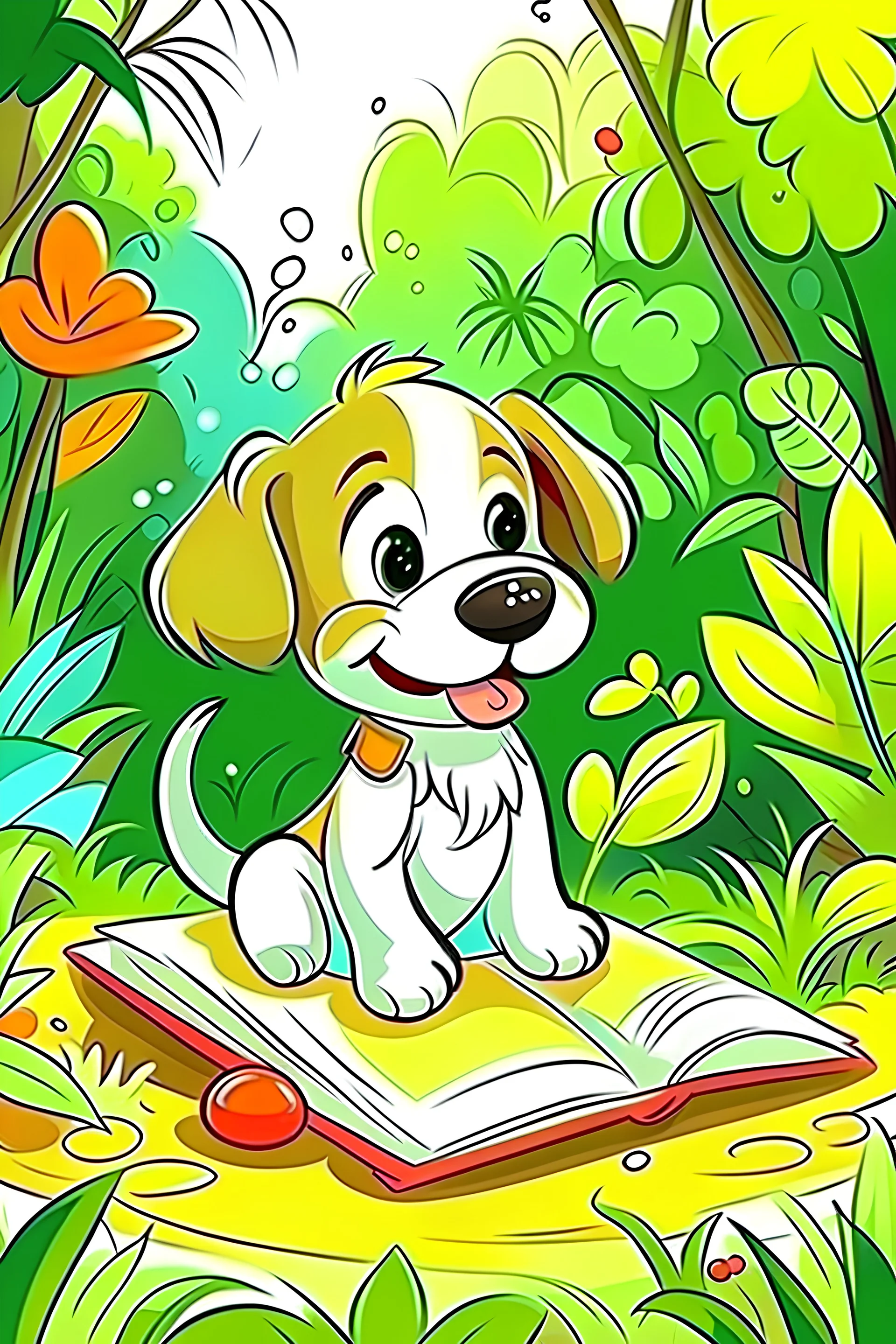kids illustration, cute smiling puppy is painting on drawing book in a jungle,cartoon style,thick lines,low detail,vivid color --ar 9:11