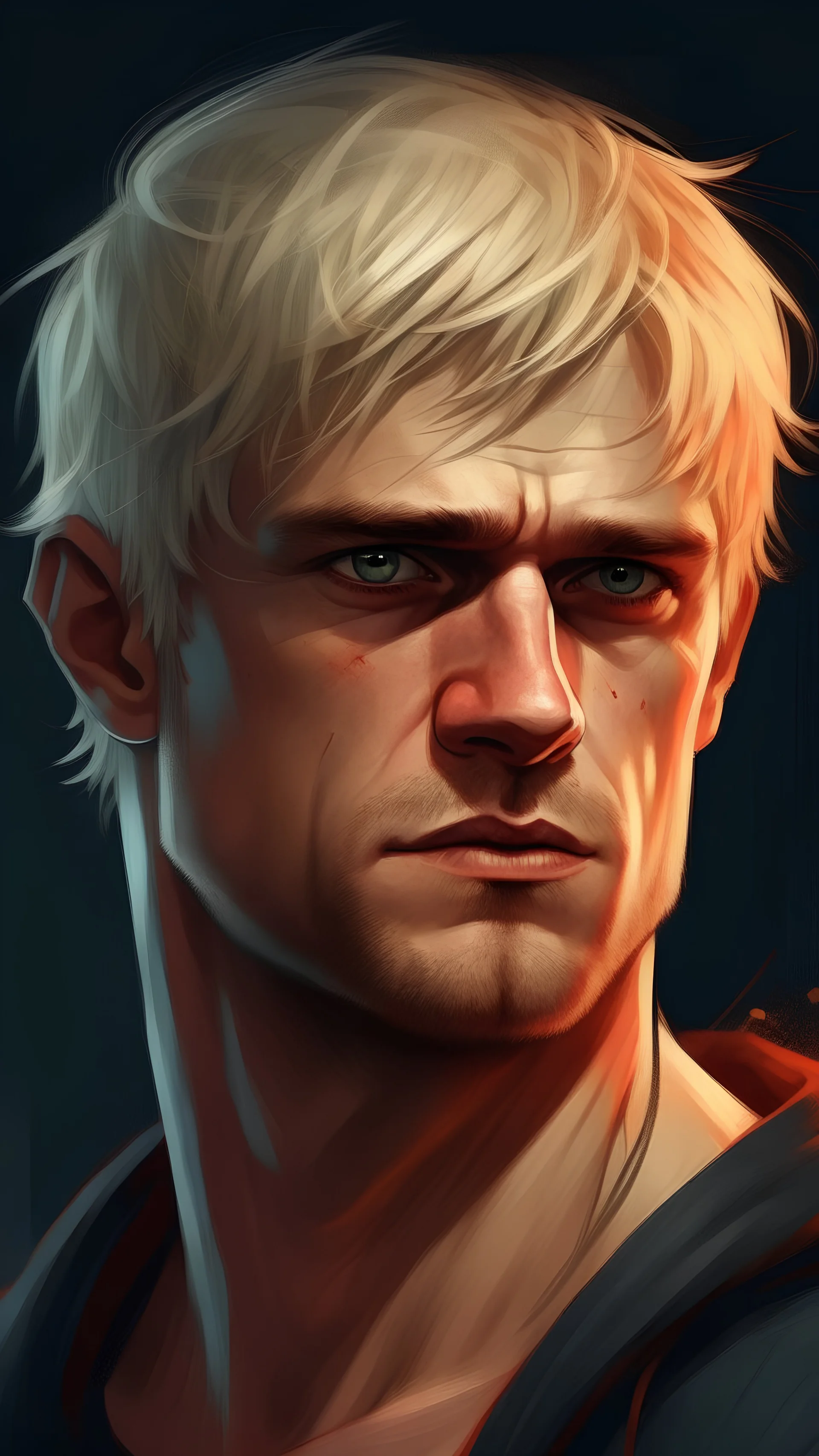 man, 35 years old, blond, short hair. red eyes. athletic build. height 190. smart and cruel, digital art