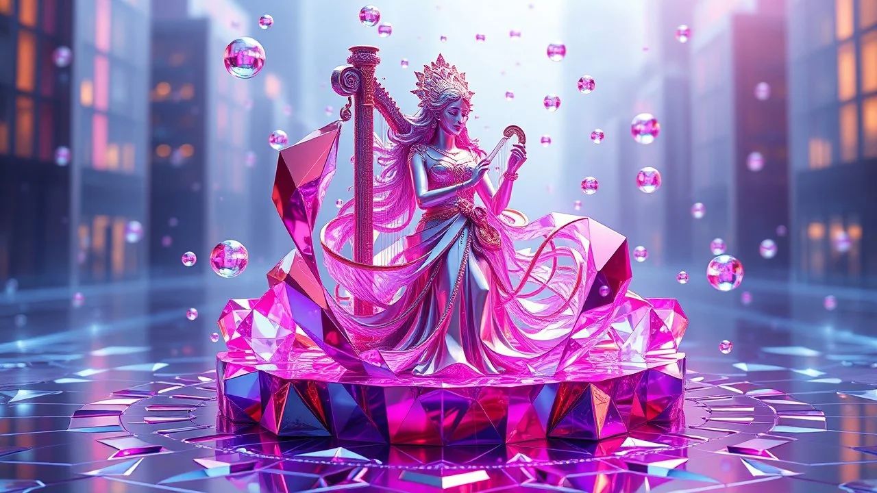 3d metalic and crystal recursive evolving and animating beveled geometric base very complex CIFY structure emiting bubbles that broke, goddess of love in a pretty cleric dress comes while playing harp gracefully , viberating color moving very in modern city escap environment while camera tracking it.write in down screen 3d animating"Made in Grok By:J.Babakan"