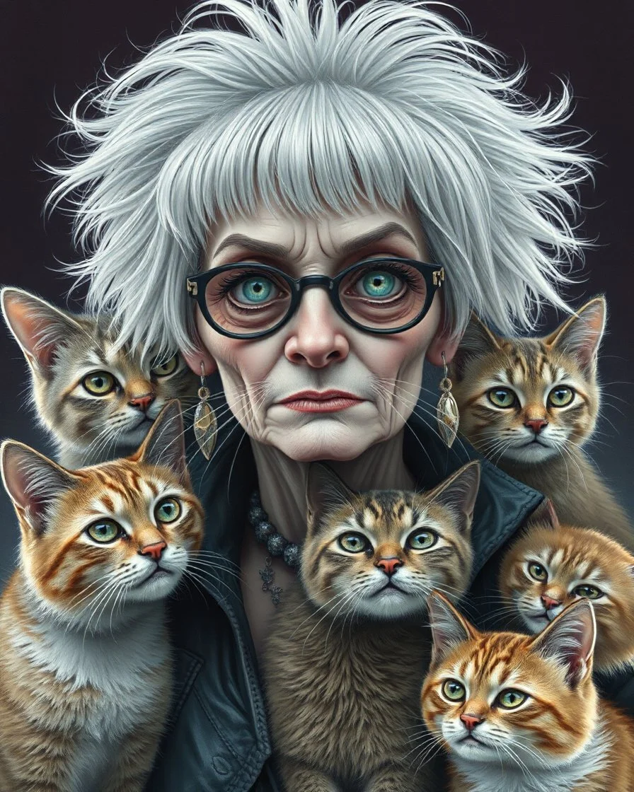 old lady punk rocker with silver hair, with her dozens of cats. By Vanja Vukelic, Benjamin Lacombe, Victor Brauner, Eileen Agar, Alex Grey, Michael Cheval and Naoto Hattori. Modifiers: sharp focus extremely detailed fantasy intricate very attractive award winning fantastic view hdr very cute pencil sketch science fiction complex insanely detailed whimsical fantastical art magical surrealism
