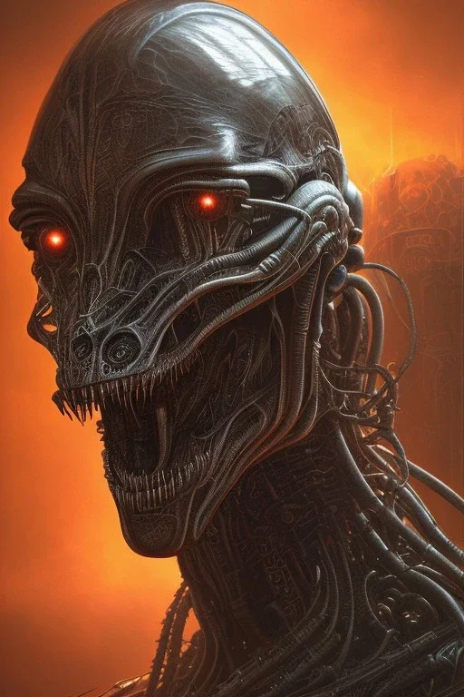 evil predator with crown, alien, brutal face, tron, head, burn eyes, 8k, finely detailed, dark light, photo realistic, hr giger, cyberpunk