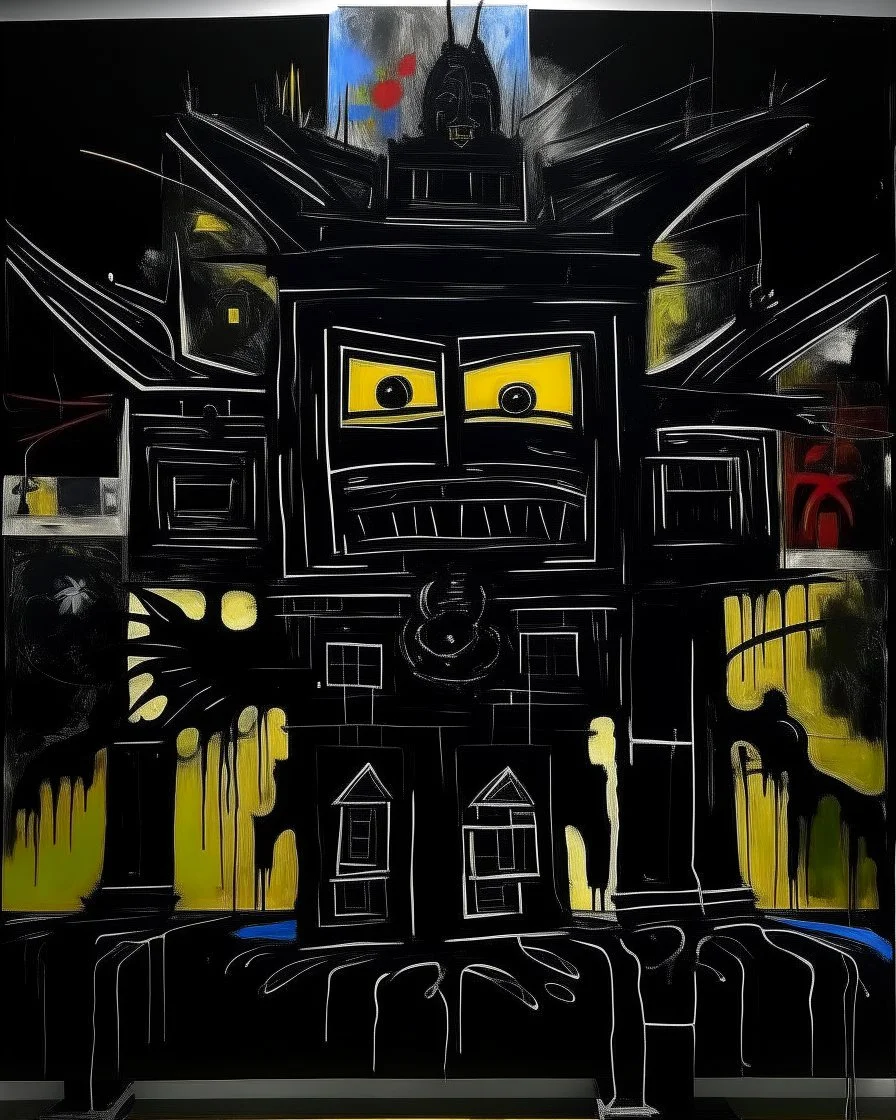 A giant black shadow castle painted by Jean-Michel Basquiat