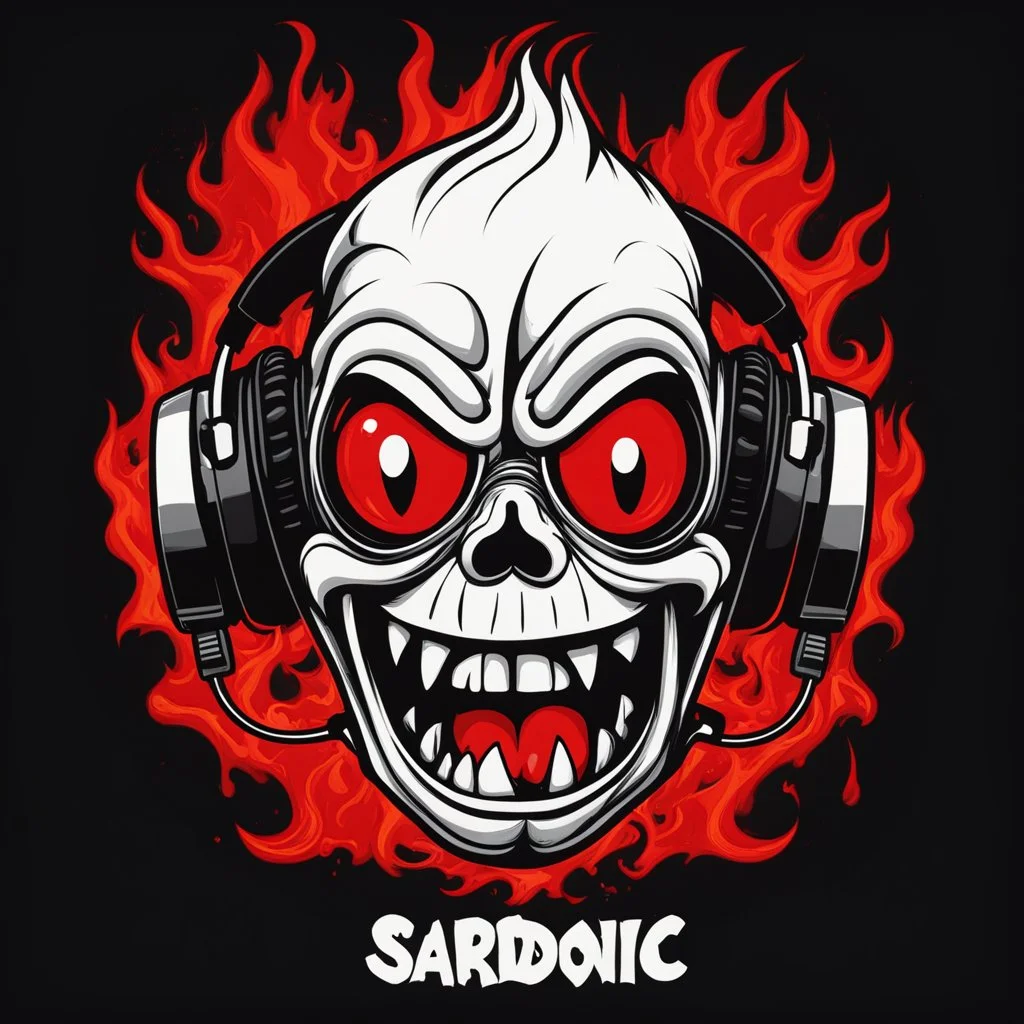 Futuristic block text "SARDONIC HARMONY" in minimalist logo for a rock band inspired by the styles of Ed Big Daddy Roth, graffiti art. sinister, evil marshmallow head caricature with headphones breathing red flames. The background is dark.