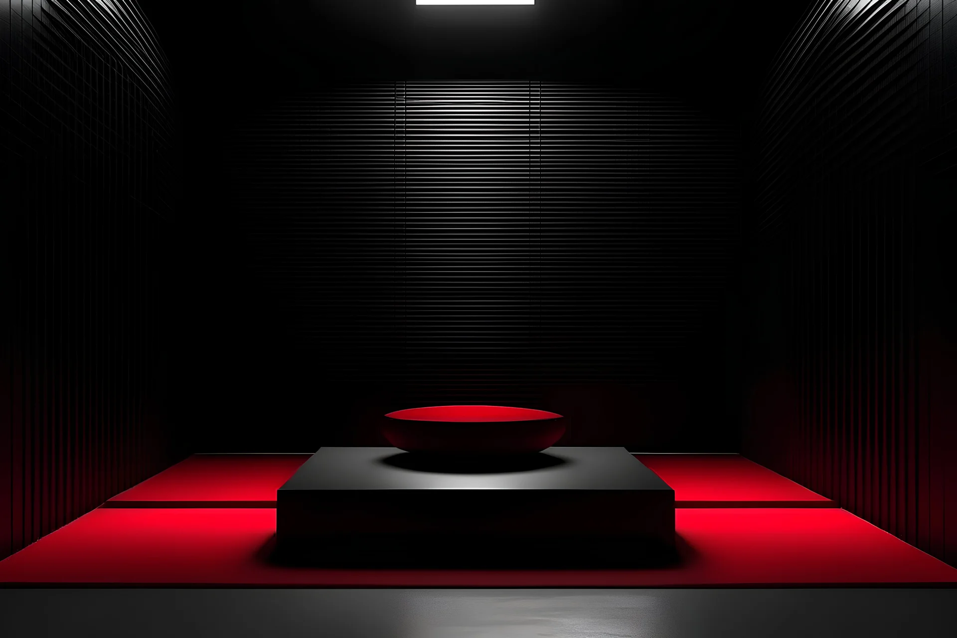 meditation rood podium , meditation minimalistic corner. design black wood, gloomy light in the meditation room.