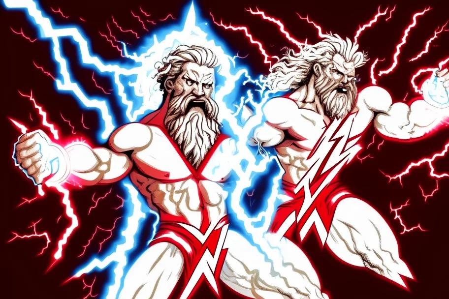 A detailed illustration of Zeus holding two lightnings in front of himself. One lightning is red and the other one is white. He is moving them together and there are flashes of lightning exploding from his powerfull move. The lightning is in the shape of half the letter Z. The red half is the top half, the white half is the bottom half. Zeus is wearing a red cape, has powerfull facial expresion, has white beard and long white hair with a gold Zeuz, greek, like crown. Lightning in the back.