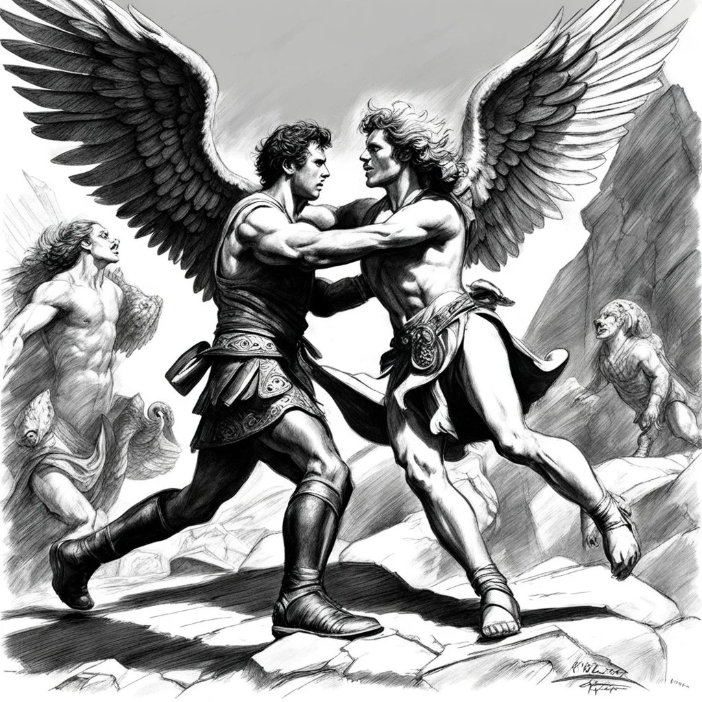 (black and white traditional pencil sketch digital drawing on paper by Ray Harryhausen) Jacob wrestling with angel