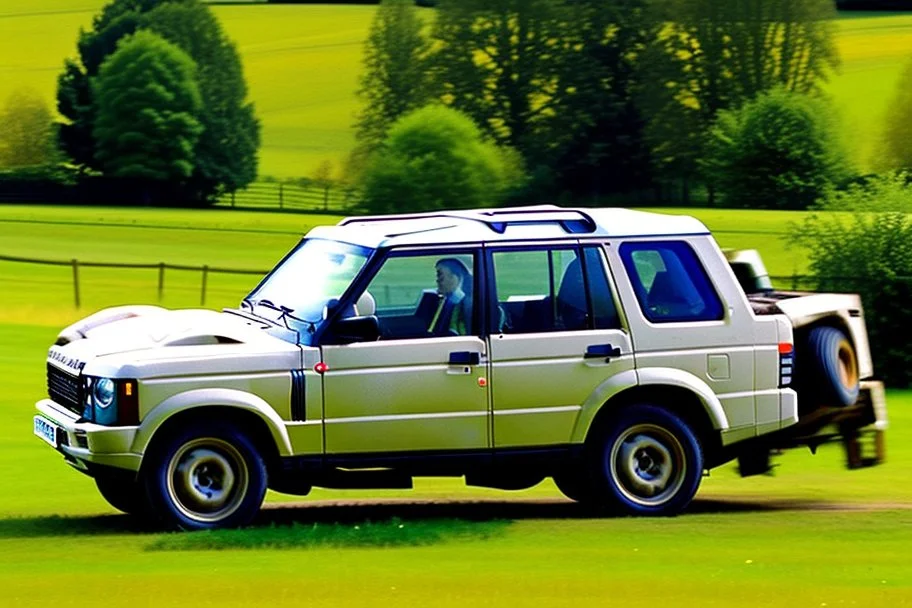 lots of sheep jumping on each other with mechanic, portrait of a broken mechanic, mixed body hybrid part big (sheep), fixing (far away old land rover 4x4 discovery 2) in the countryside