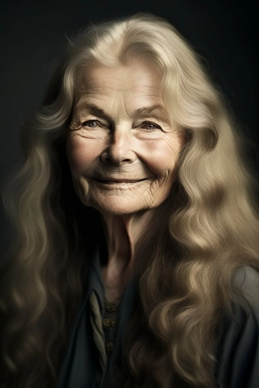 portrait of a beautiful 70 year old norwegian woman with long blond wavy hair, curvy body, earthbound, warm-hearted