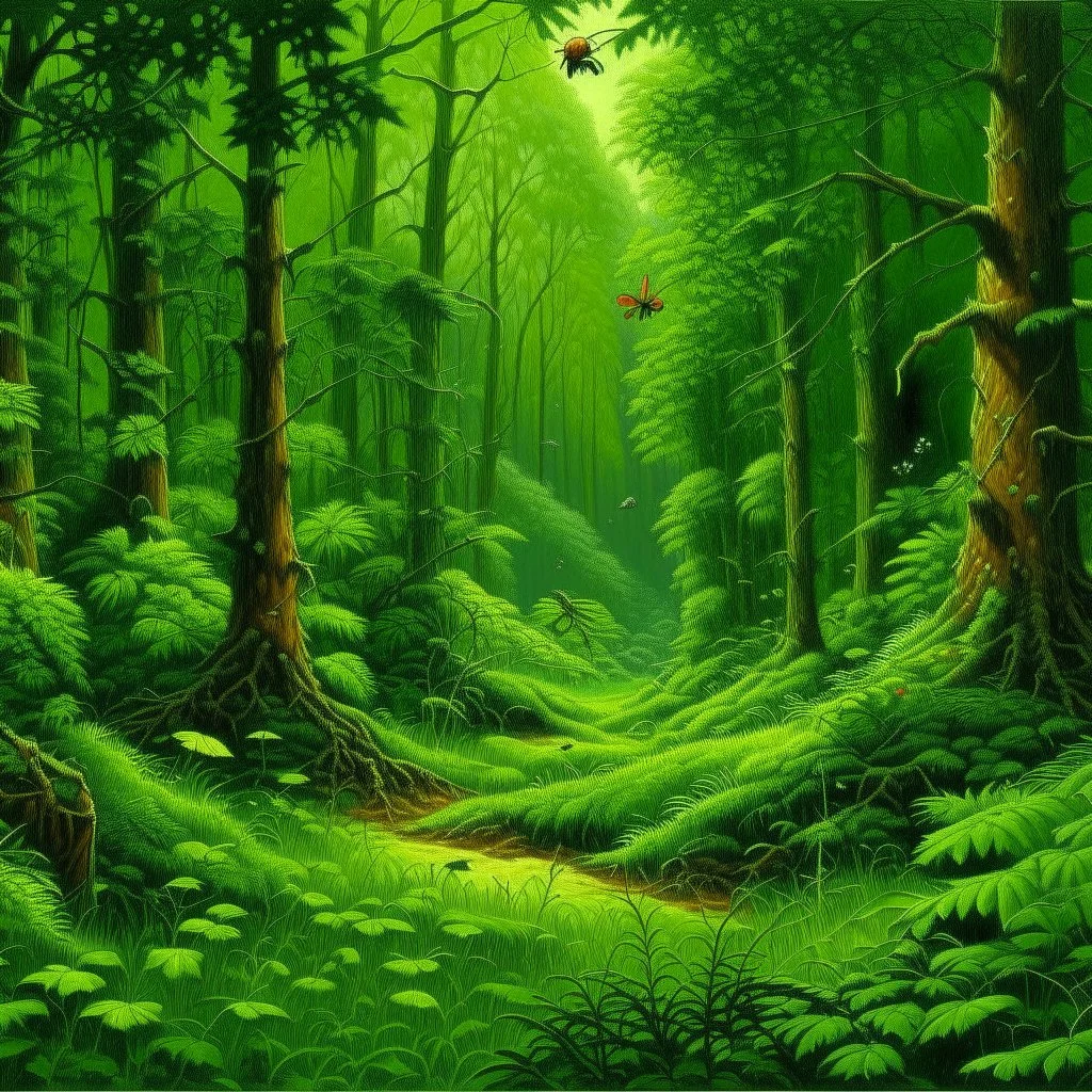 A green forest with insects painted by Frank Wilson