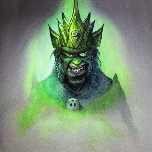 dungeons and dragons, fantasy, goblin, king, green skin, watercolour, distinct face, portrait, head, crown