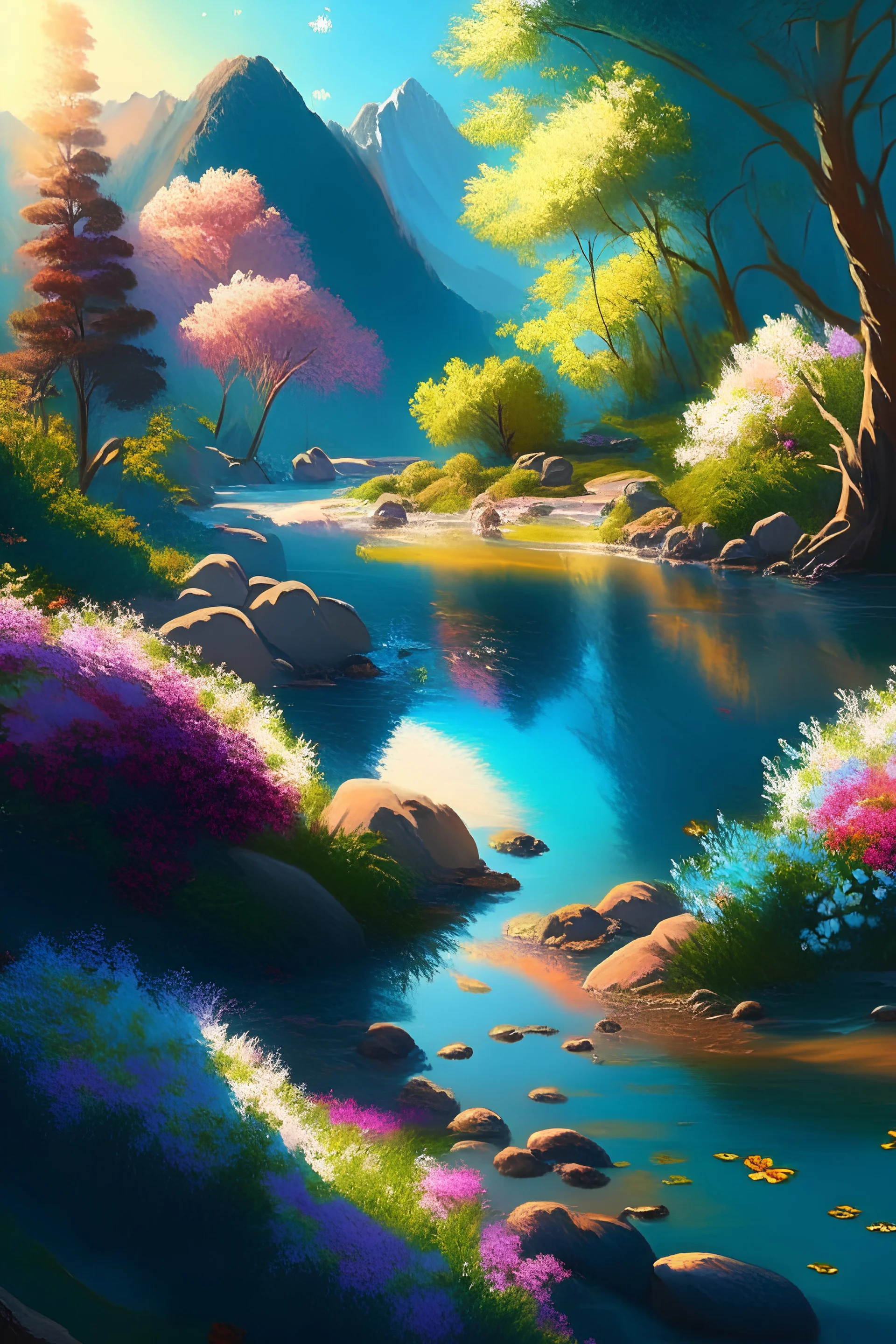 full light,highlight, trees, river, day, sun day, an idyliic forest with bright colorful flowers, mountains, sun,flower, a small river, paradise