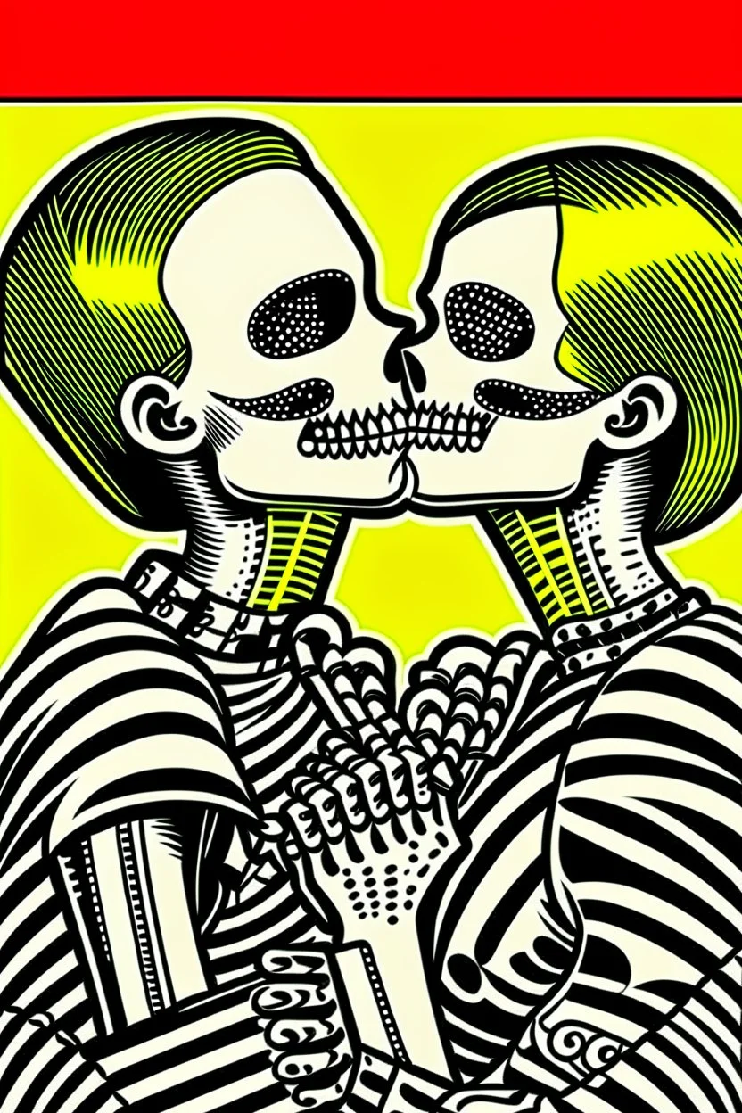 Funny Retro skeleton kiss woman valentine comic poster, in the style of Roy Lichtenstein