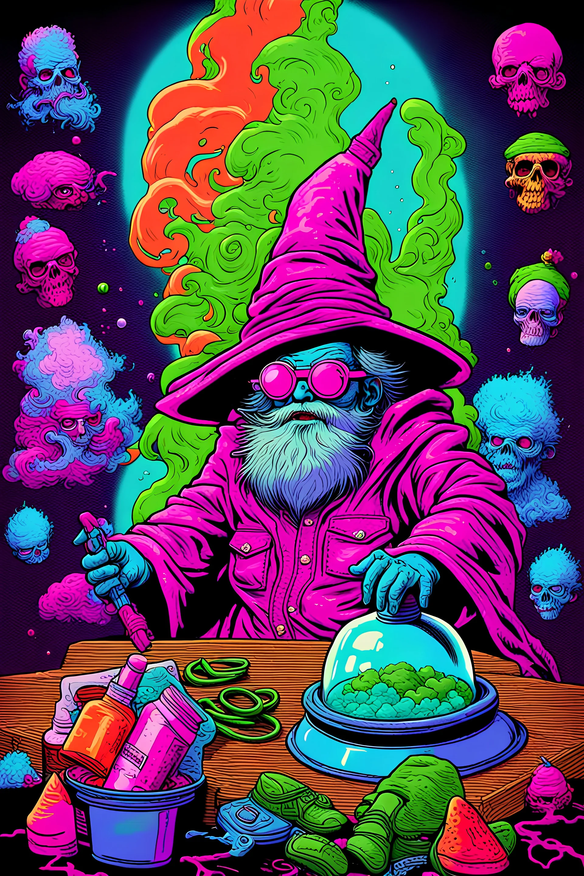 a toxic wizard, add text: "ABRACADABA"'; neon colors, 80’s poster art, Garbage Pail Kids, vaporwave, hyperdetailed