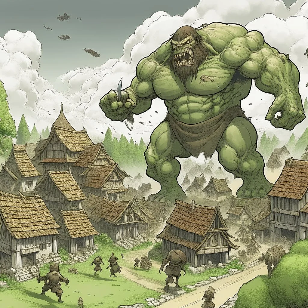 giant attacking a village