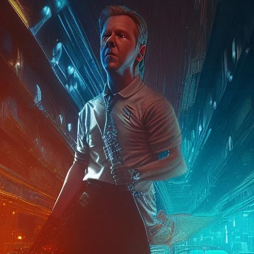 man playing saxophone, blade runner, kiefer sutherland, sebastian vettel, danny mcbride, low key lighting, volumetric light, digital art, highly detailed, fine detail, intricate, ornate, complex, octane render, unreal engine, photorealistic