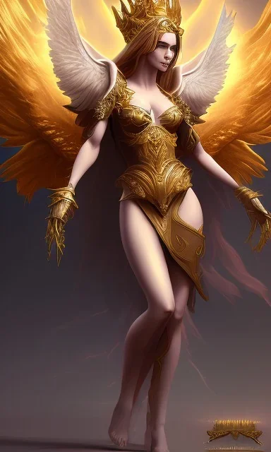 Female angel with big wings and golden crown floating above the ground in the dark, michelangelo style, detailed, world of warcraft style