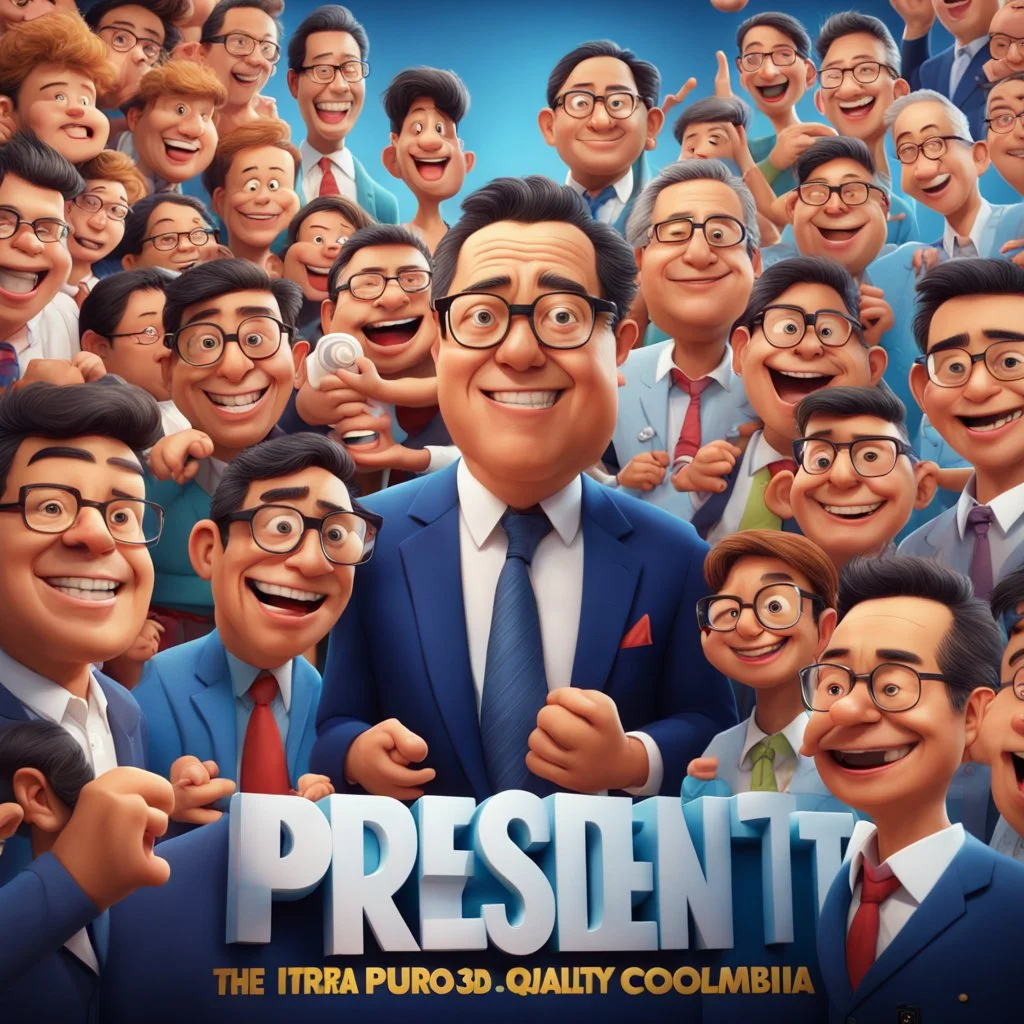 Create a Pixar-style 3D movie poster with Gustavo Petro, president of Colombia happy and surrounded by men and women with the title: "The President", ultra quality, hyper-detailed, maximalist, 8k