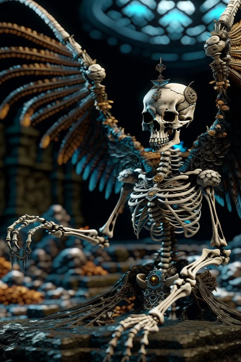 terrifying winged angel lich skeleton dragon with rattle snake head on underground bone bridge, in the style of fantasy movies, photorealistic, shot on Hasselblad h6d-400c, zeiss prime lens, bokeh like f/0.8, tilt-shift lens 8k, high detail, smooth render, down-light, unreal engine 5, cinema 4d, HDR, dust effect, vivid colors