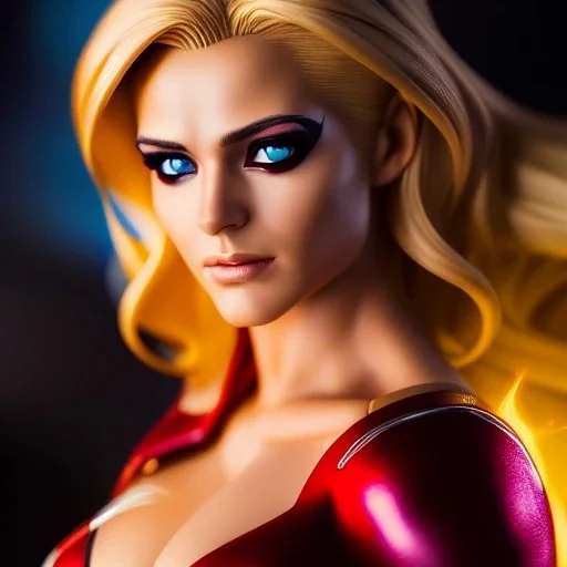 Ultra detailed fullbody Portrait in oil on canvas of X-men -beautiful blonde miss Marvel on fire,extremely detailed digital painting,ultrarealistic skin,intense stare, extremely detailed face, crystal clear eyes, mystical colors ,perfectly centered image, perfect composition, rim light, beautiful lighting,masterpiece ,8k, stunning scene, raytracing, anatomically correct, in the style of uncannyknack and Ohrai Noriyoshi and robert e howard and Steve Jung and Wizyakuza.