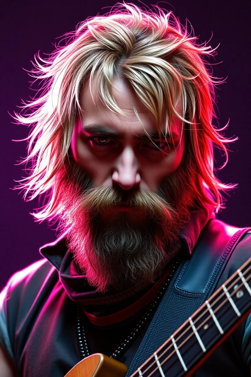 short haired bearded rockstar human bard 80s fantasy