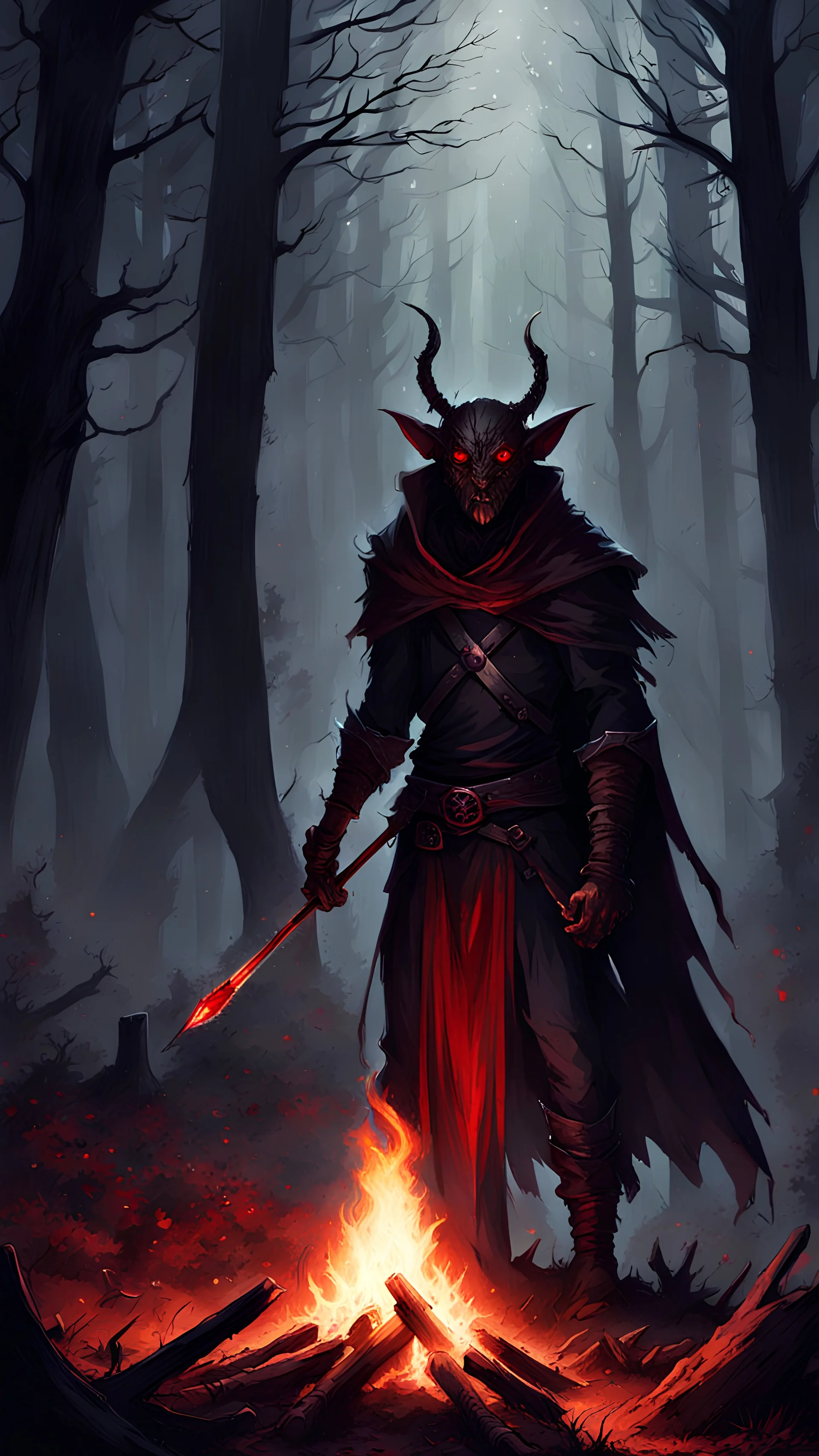 dark fantasy, imp, branding spear, ominous atmosphere, sparkles, red eyes, forest campfire scenario