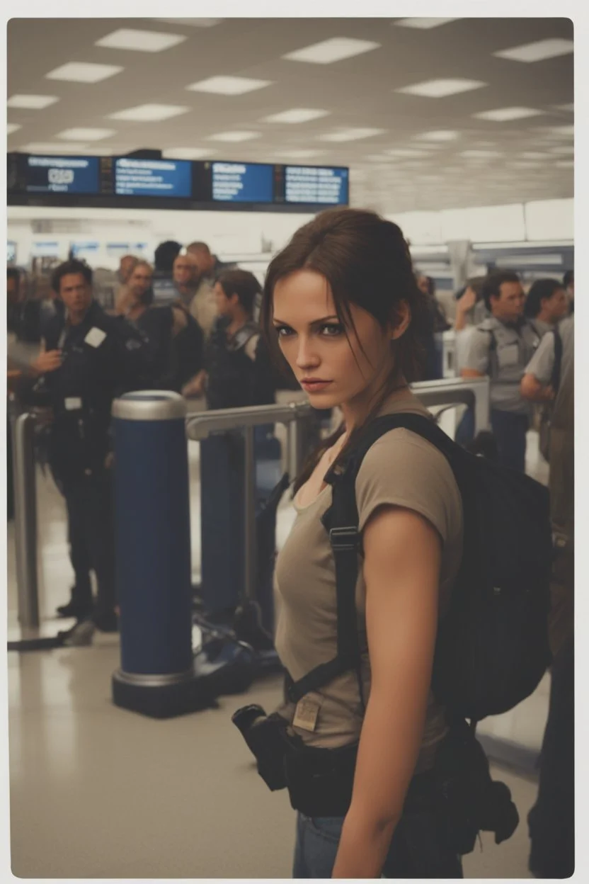 polaroid of lara croft waiting in line at the airport check-in