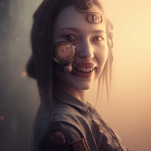 a cute smiling girl with her mother, red tattoo in the face, steam punk, scary, horror, realistic, made in octane, cinematic, movie, CGI, ultra-realistic, extremely detailed octane rendering, 8K, VRAY Super Real ar 2:3, dof photorealistic futuristic 50mm lens hard lighting dark gray tintype photograph, realistic lighting, sephia colors