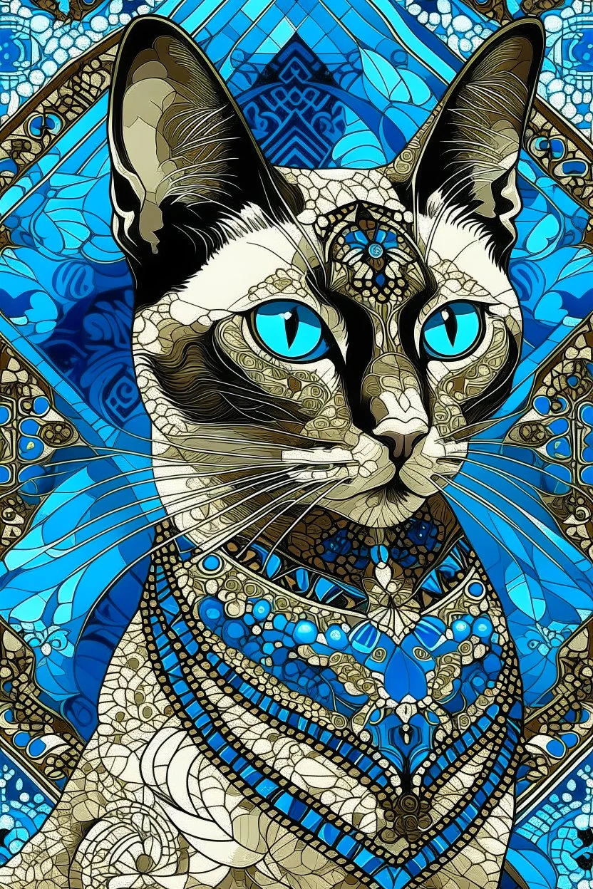 mesmerizing cinematic illustration of a regal sphinx-like Siamese cat, portrayed with masterful technique using a palette knife. The cat's captivating blue eyes hold a sense of enigma, while its lustrous silver and jewel-toned coat adds an air of elegance and sophistication. The intricate detailing of the cat's scales evokes the style of Gustav Klimt, and the pristine white background provides a striking contrast, enhancing the cat's beauty, power, and mystique. The painting's movement and depth