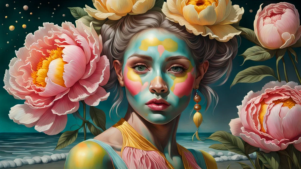 PHOTOREALISTIC PORTRAIT OF A GIRL of Cirque dU soleil, WALKING ON THE SHORE AT THE MOONLIGHT, AND EMBRACING PINK YELLOW PEONIES, VIVID colors: torquoise, pale salmon, persimmon, grey-green , pale lemon yellow, greenish gold, metallic bronze. ULTRA detailed; CORRECT anatomy, FACE and eyes, HIGH RESOLUTION AND DETAILS, HIGH DEFINITION, STYLE BY RAFFAELLO, MICHELANGELO, KAROL BAK, ANDY WARHOL, Anna Dittmann