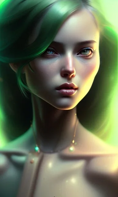 girl, cute, beautiful, green hair, casual clothes, head and shoulders portrait, 8k resolution concept art portrait by Greg Rutkowski, Artgerm, WLOP, Alphonse Mucha dynamic lighting